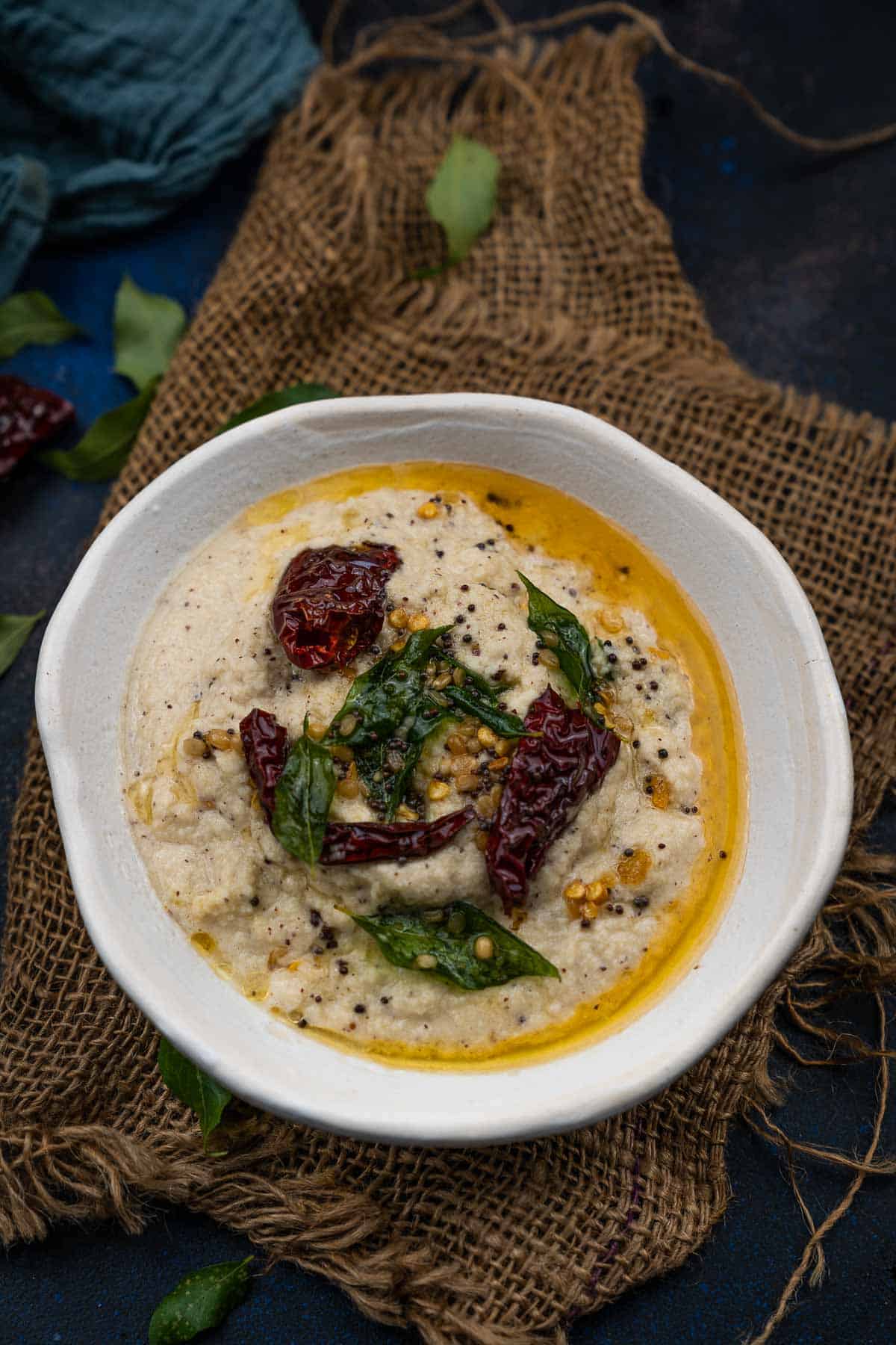 South Indian white coconut chutney served in a bowl.