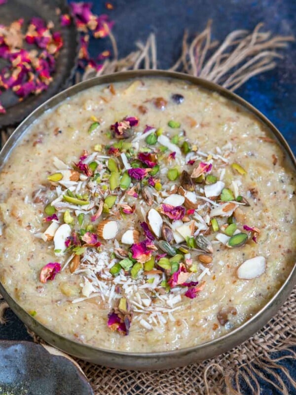 Lauki Halwa (Dudhi Halwa, Bottle Gourd Halwa) is a traditional Indian dessert made using bottle gourd, milk, khoya, and other ingredients. Make it for festivals or special occasions using my simple recipe (vegetarian, gluten-free).