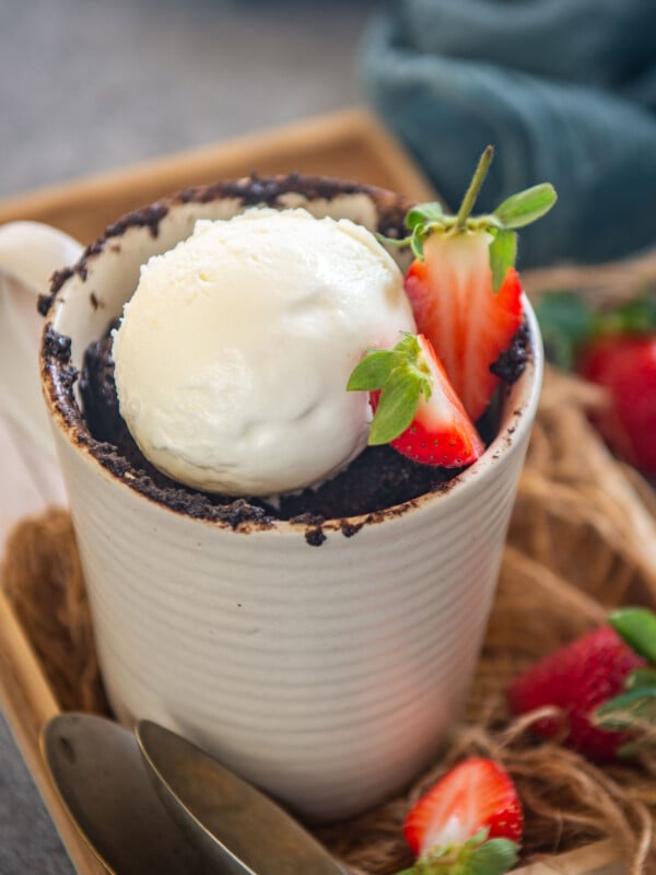Molten Chocolate Lava Mug Cake served in the mug.