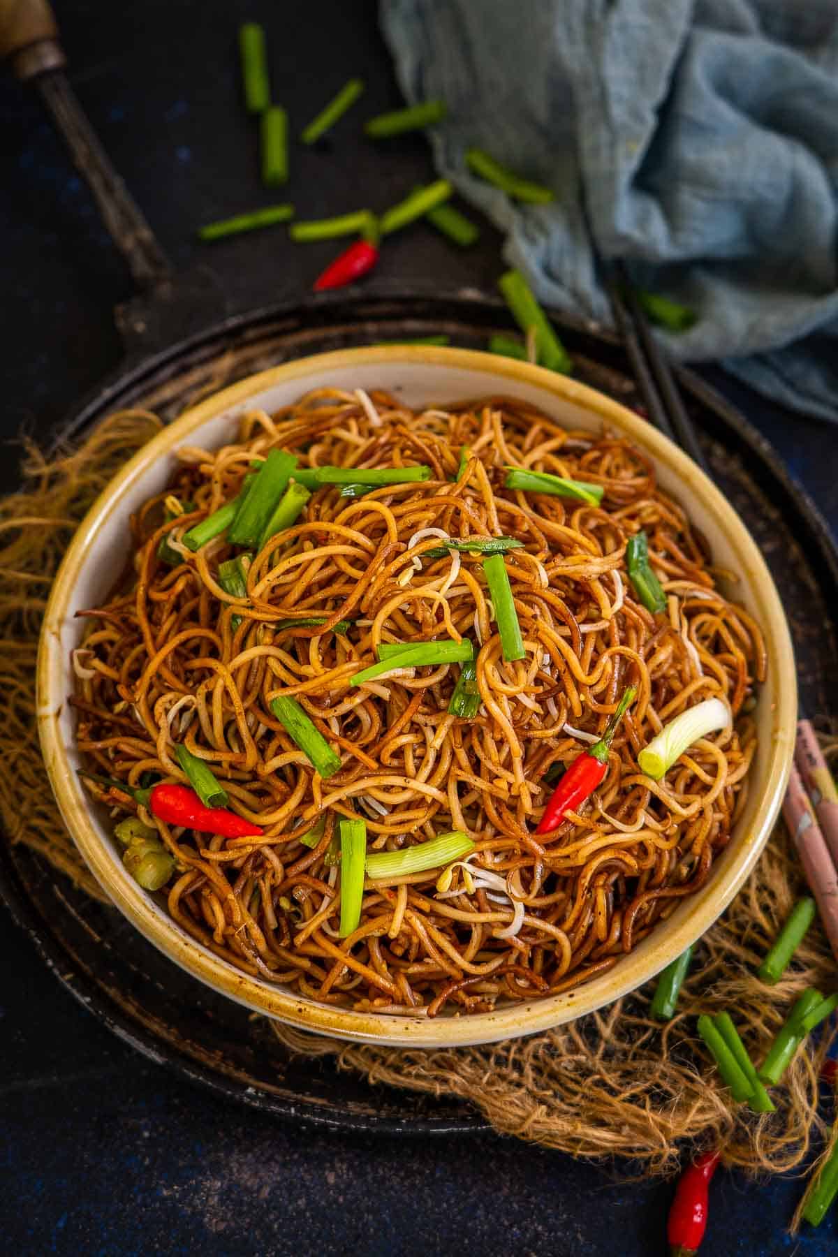 Cantonese Style Pan Fried Noodles served in a bowl.