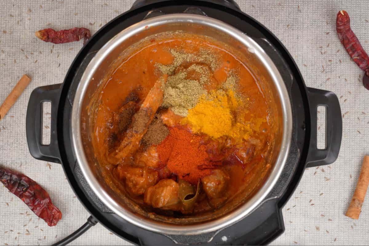 Spice powders added to the pot.