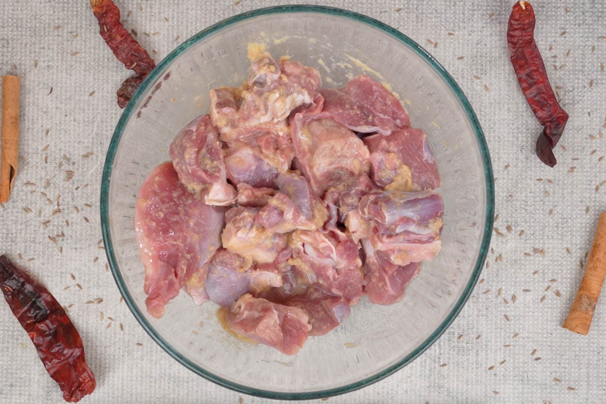 Mutton marinated with salt, ginger garlic paste and lime juice.