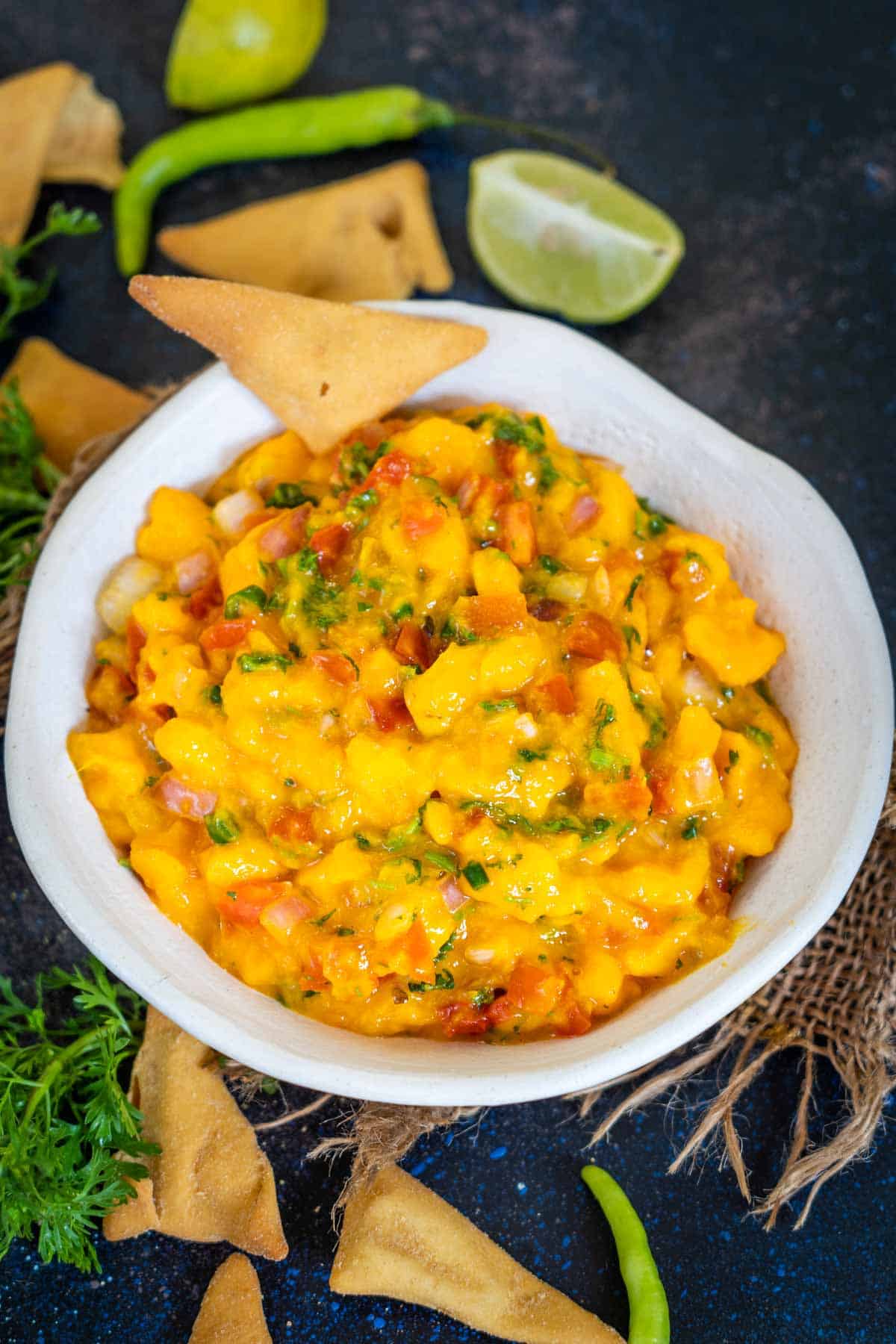 Mango Pico De Gallo served in a bowl.