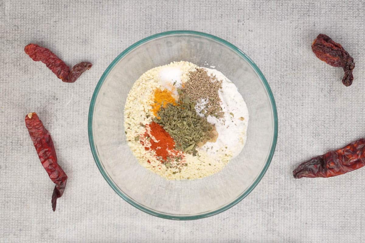 All the batter ingredients added to a bowl.