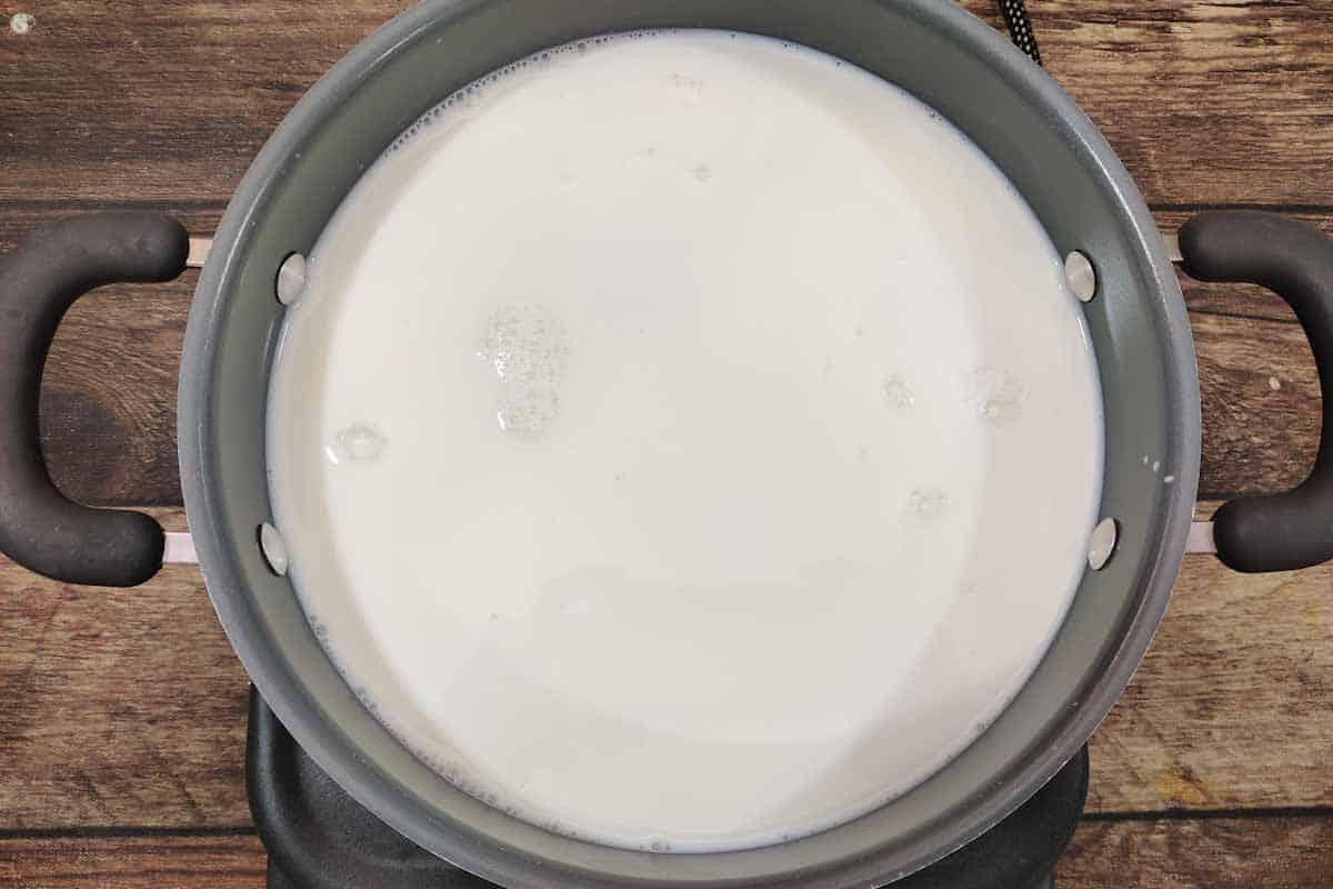 Milk heating in a pan.