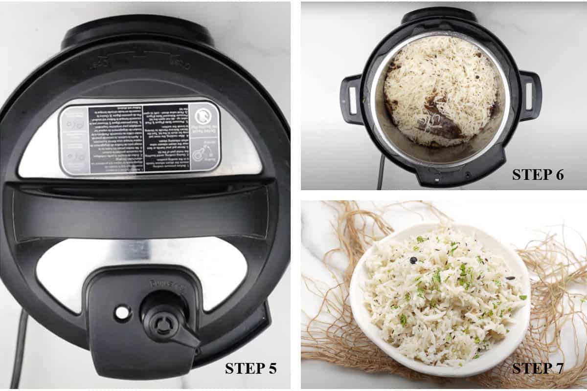 Steps 5-7 for instant pot jeera rice.