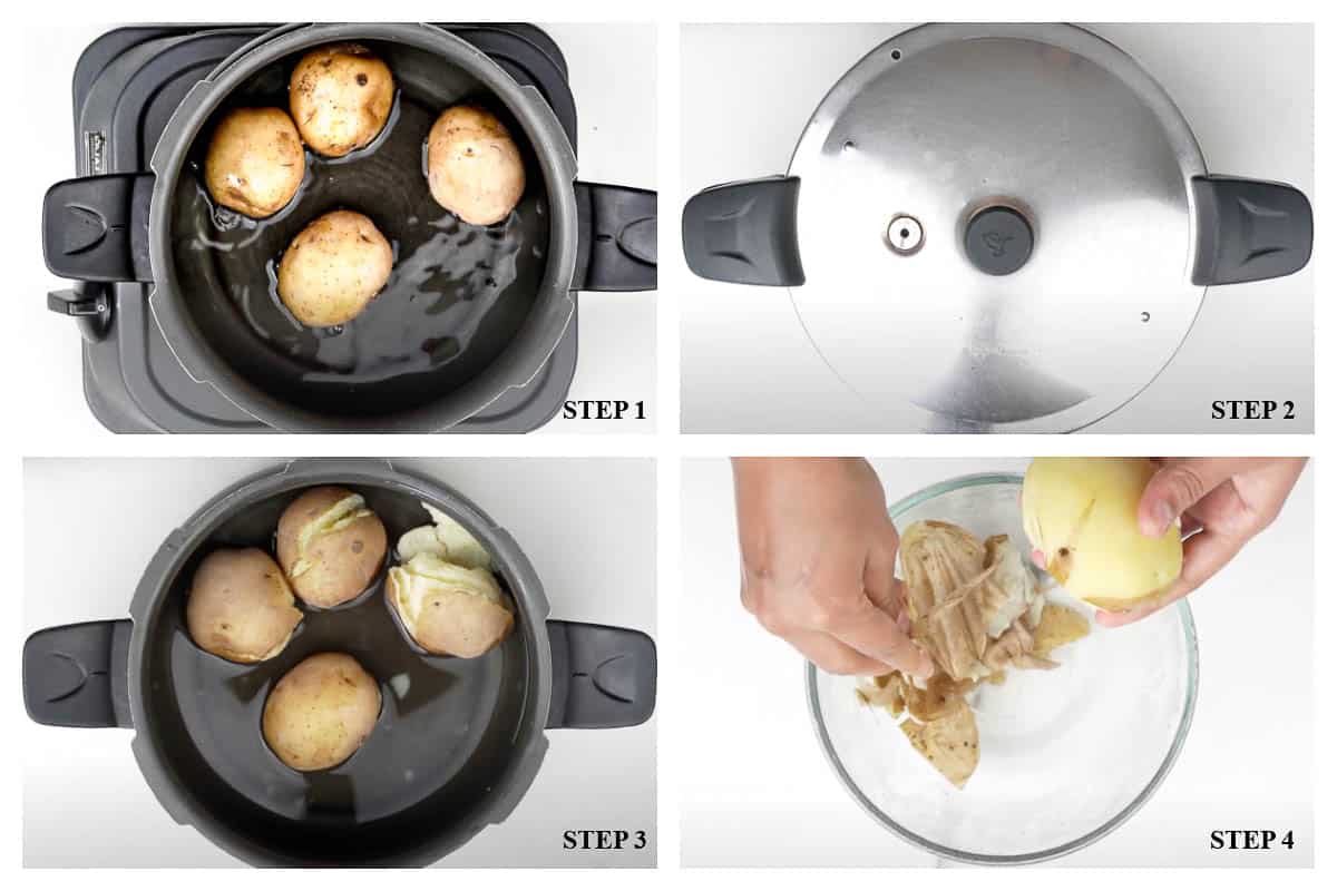 4 steps showing boiling and peeling potatoes