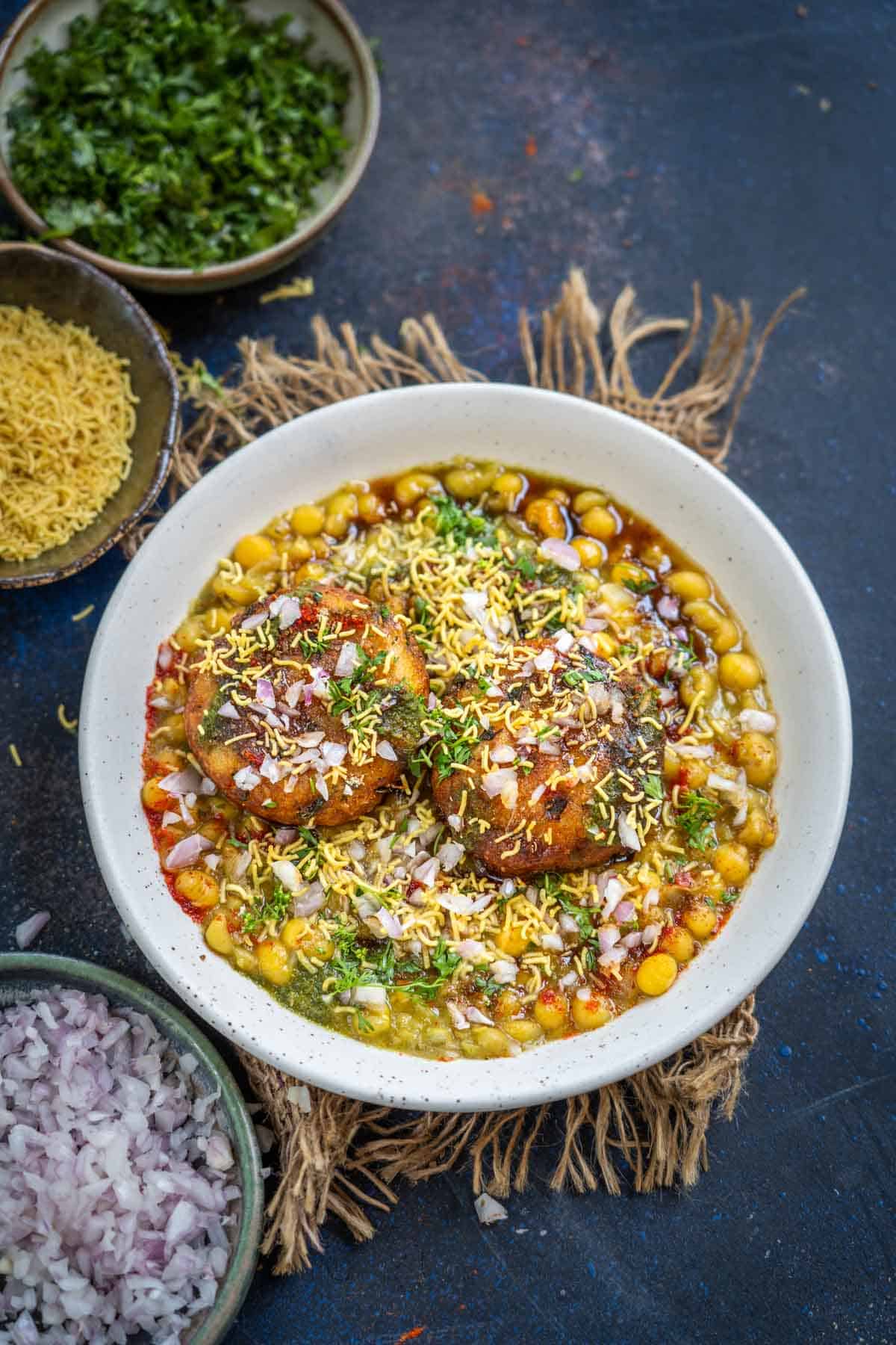 Ragda Pattice served in a plate.