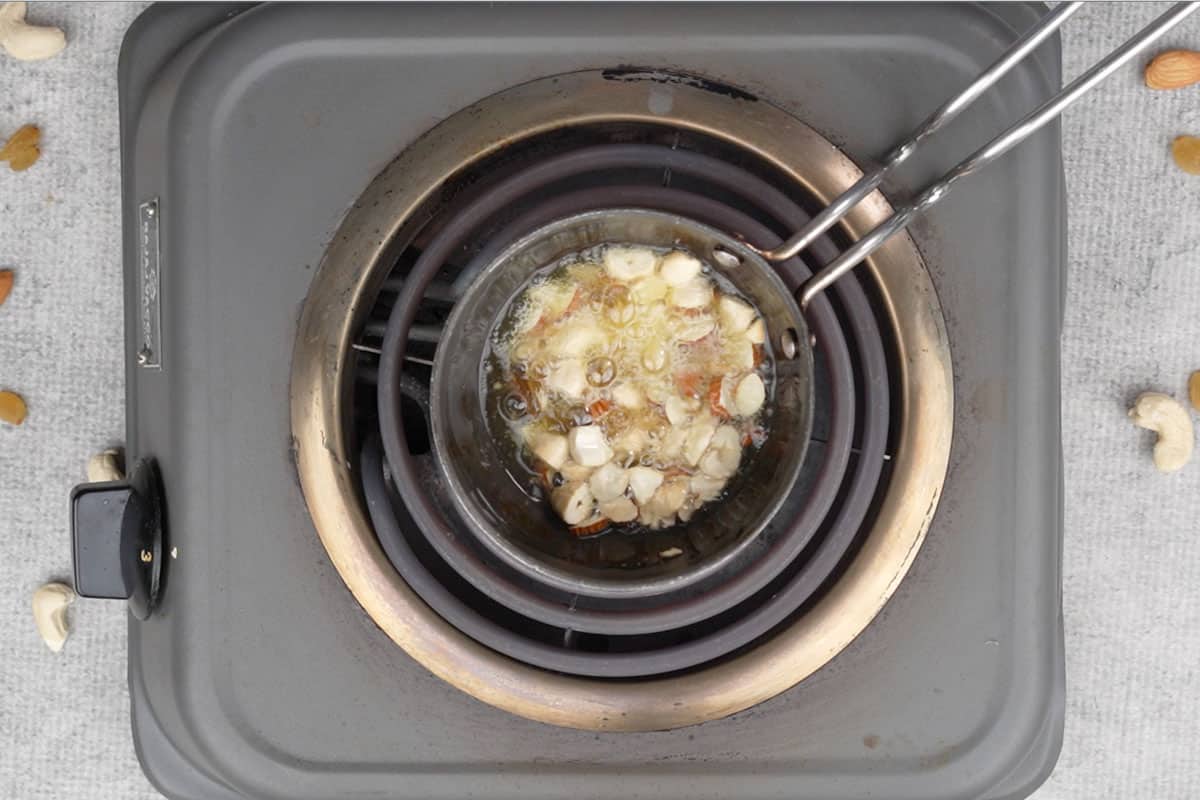 Fried nuts and fruits.