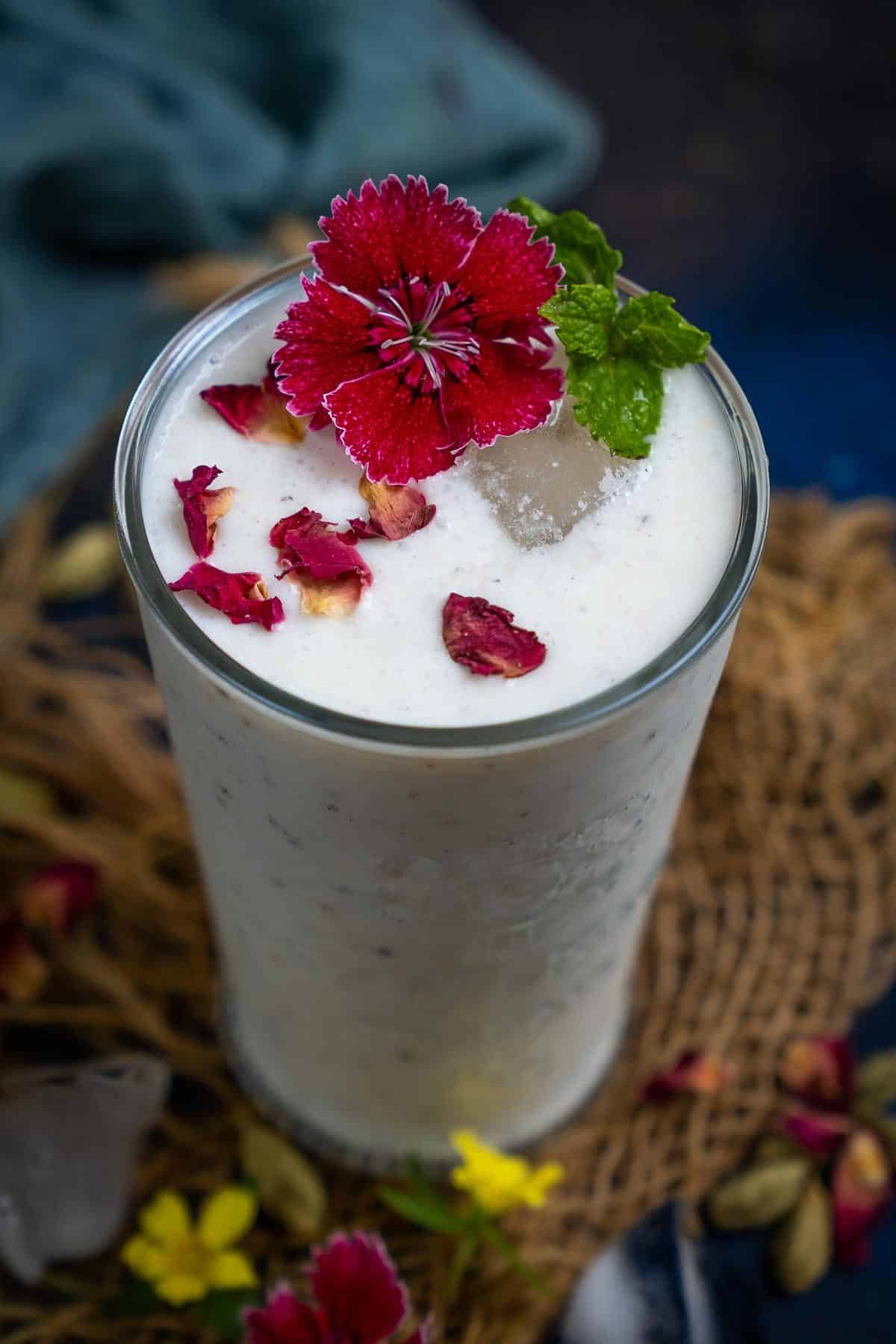 Sweet lassi served in a glass.