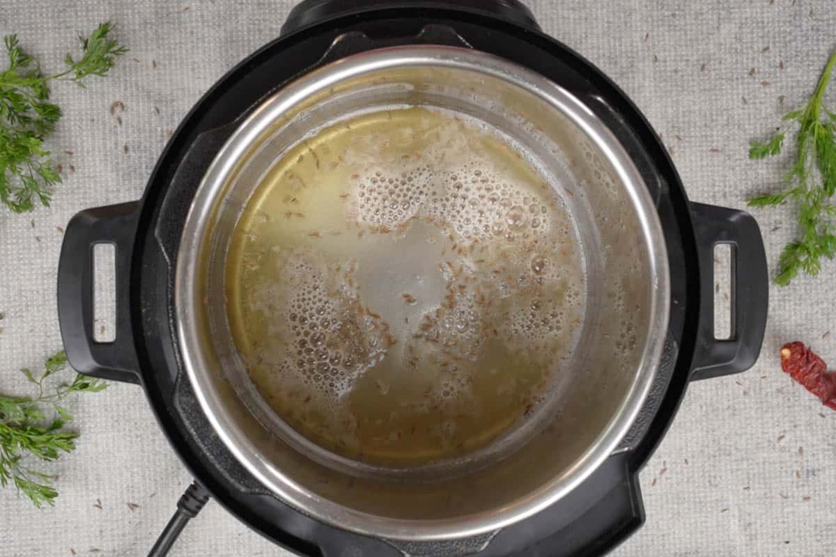 Cumin seeds added to hot oil.