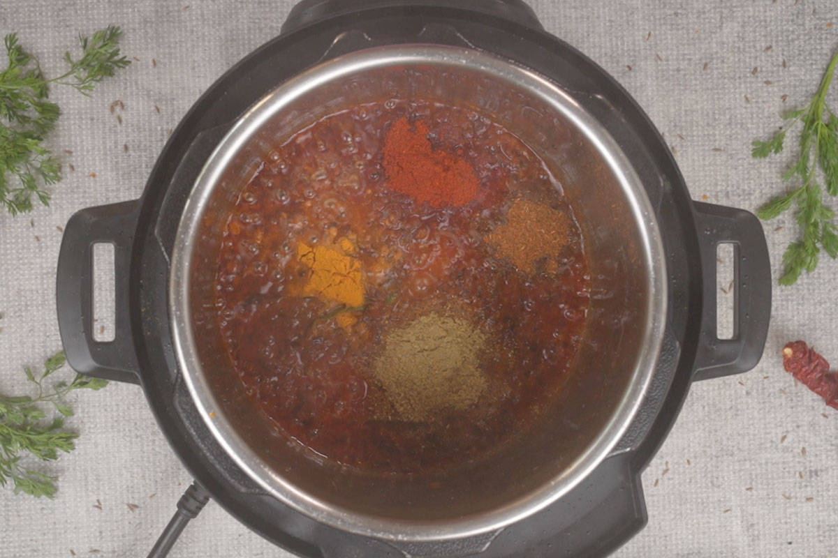 Spice powders added to the pot.