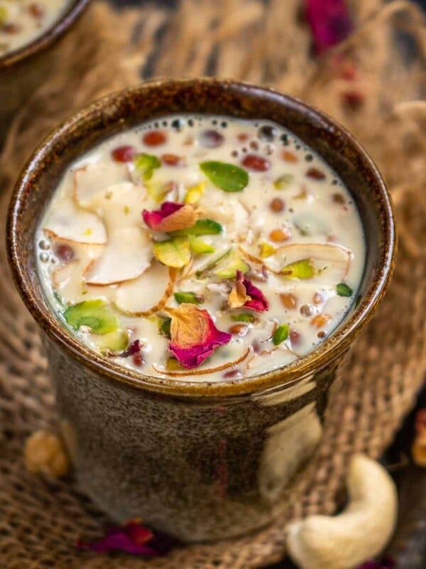 Basundi is a traditional Indian dessert famous in Maharashtra, Gujarat, and some parts of Karnataka. It is basically thickened and sweetened milk flavored with nutmeg, cardamom, and saffron. Serve it on its own or with poori for a delicious treat (vegetarian, gluten-free).