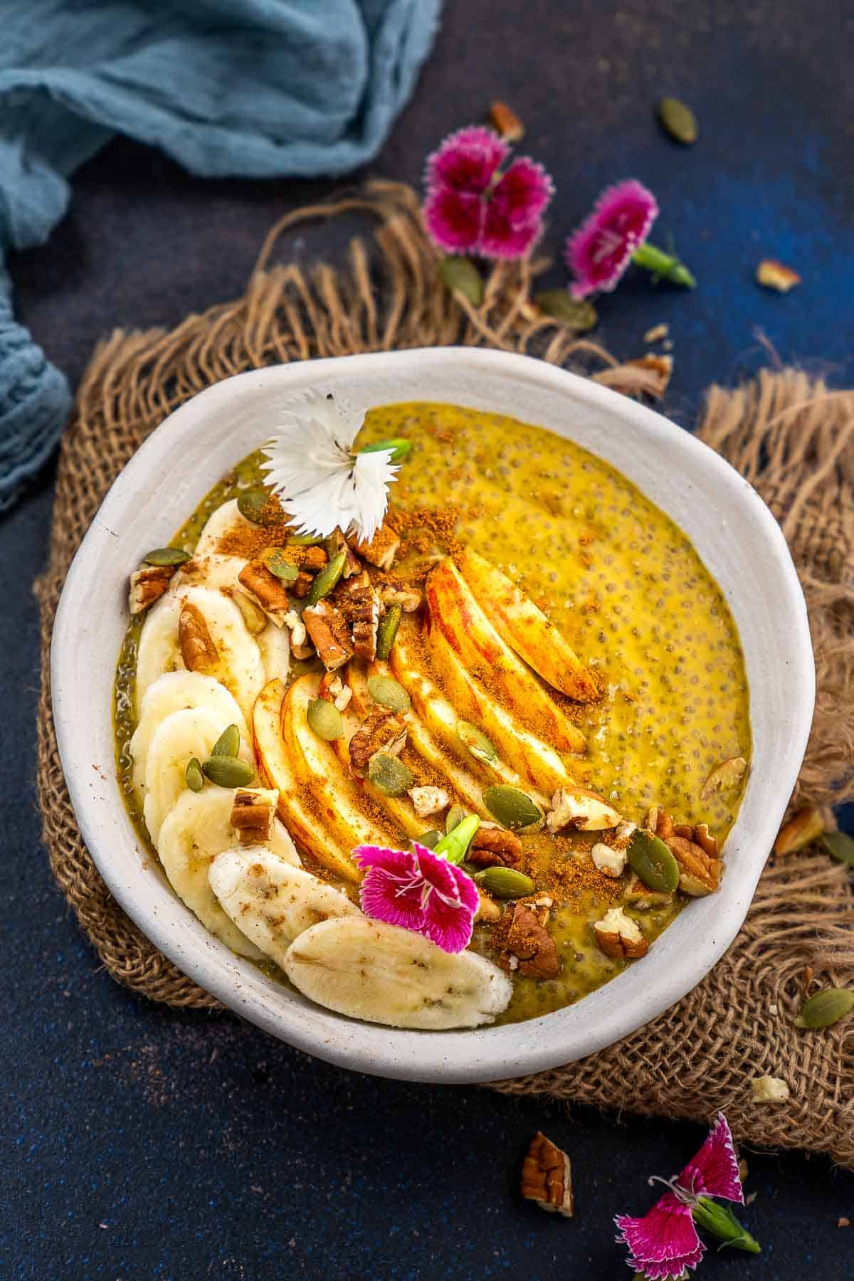 Pumpkin chia seed pudding served in a bowl.