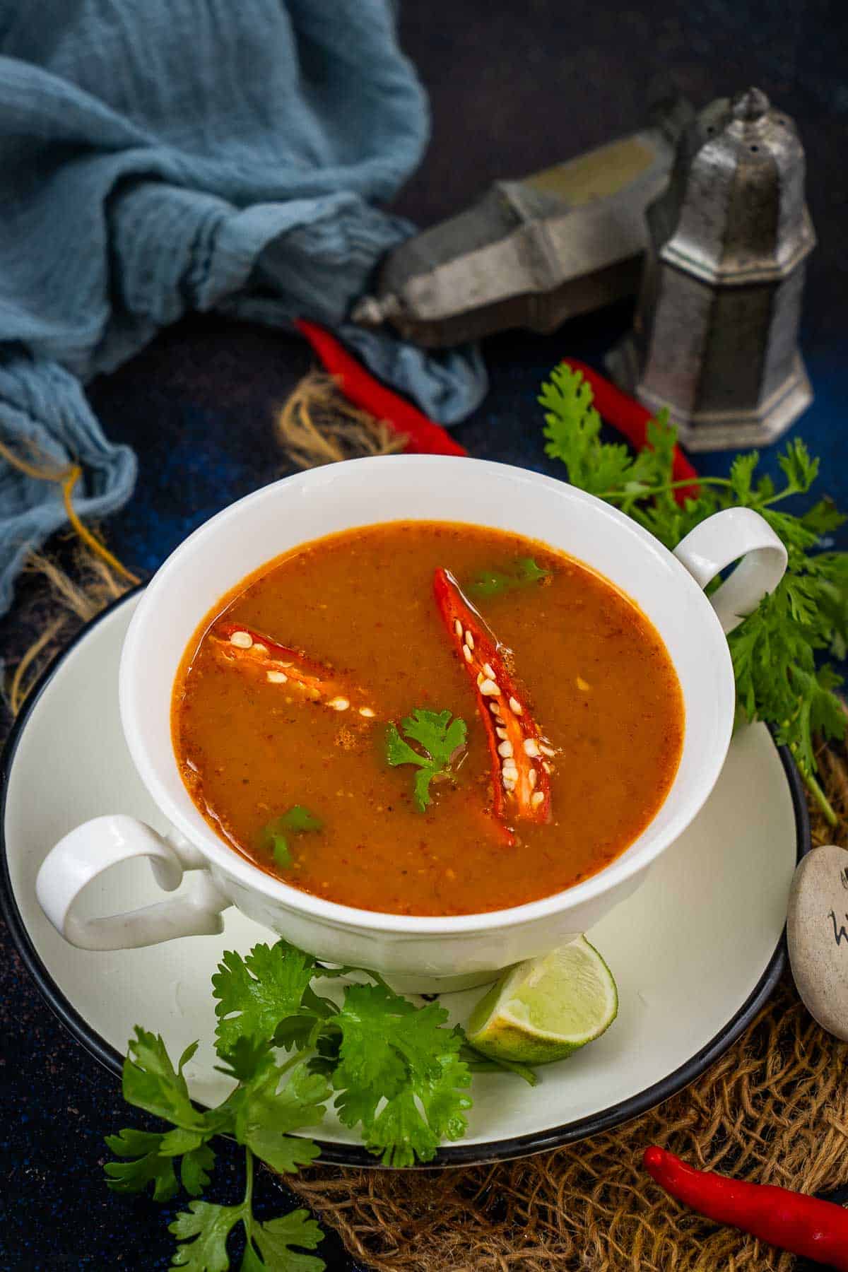 Thai Pumpkin curry soup served in a bowl.