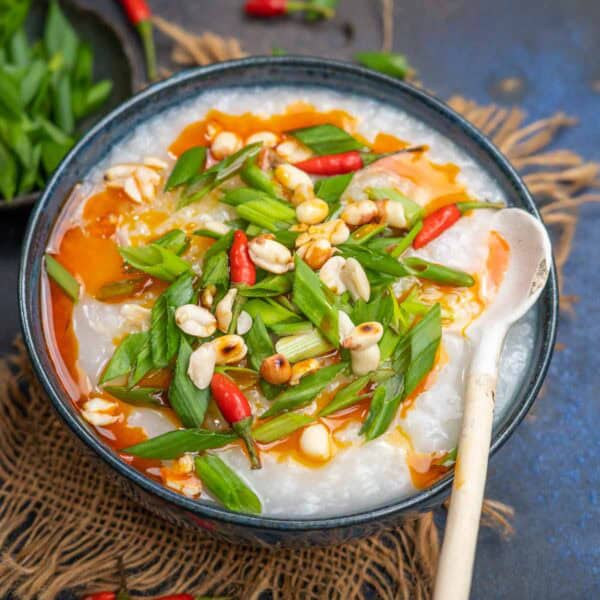 Instant pot chicken congee served in a bowl.