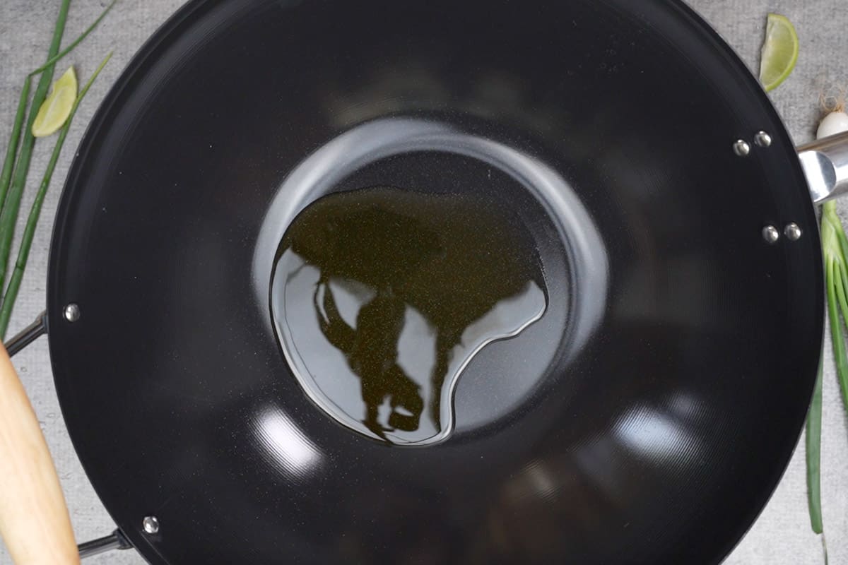 Oil heating in a pan.