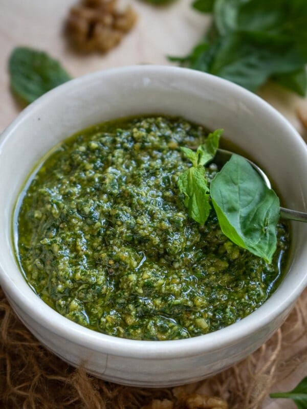 Basil Mint Pesto is a flavorful take on the classic pesto with fresh mint leaves added to it. Make this versatile sauce in under 5 minutes using simple ingredients (vegetarian, gluten-free).