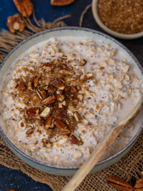 Brown Sugar Overnight Oats is a healthy and delicious breakfast recipe where old-fashioned oats are soaked overnight in yogurt, milk, and brown sugar (vegetarian, gluten-free, can be easily made vegan).