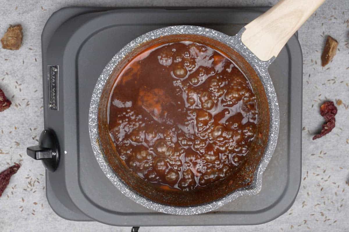 Tamarind chutney in the pan.