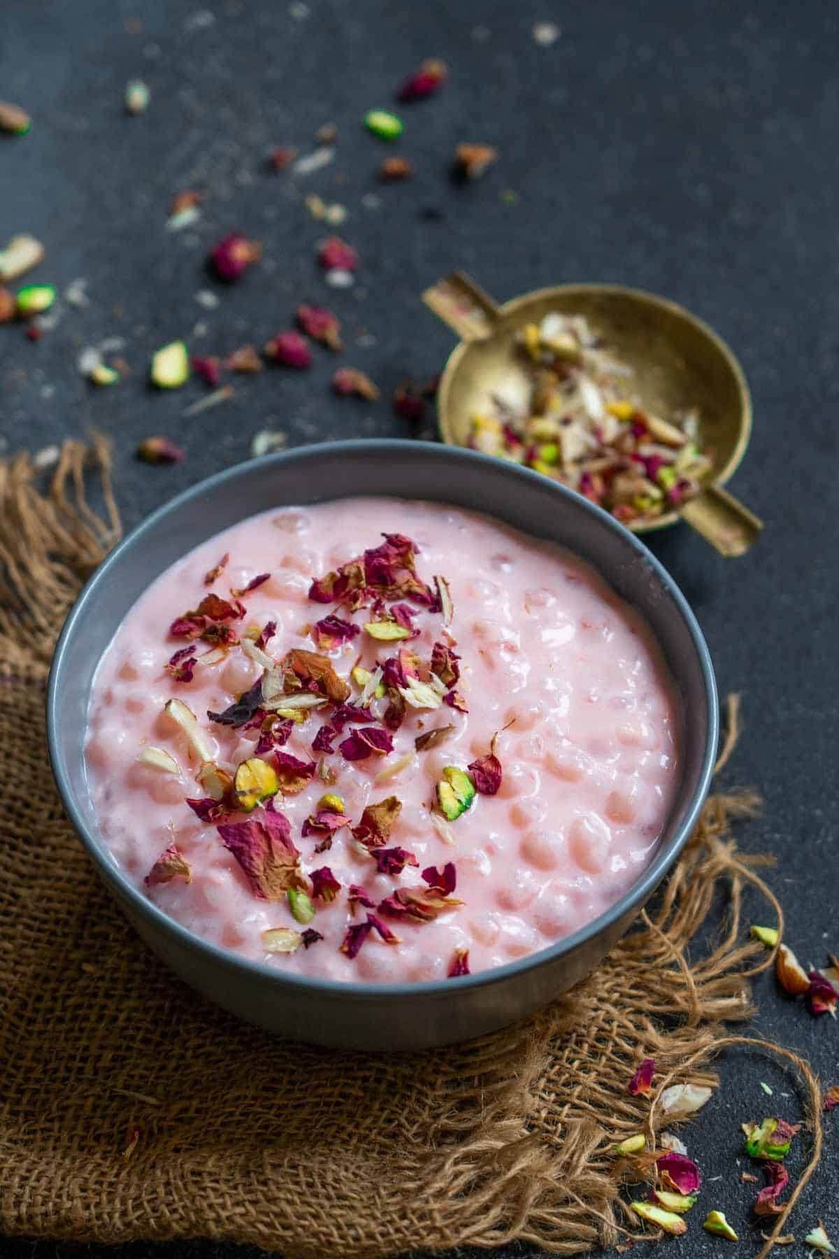 Rose sabudana kheer served in a bowl.