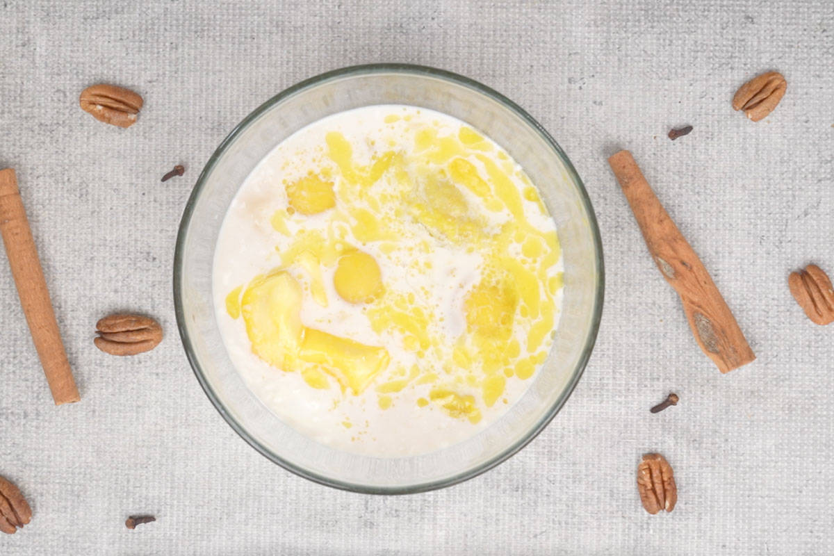 Wet ingredients added to a bowl.