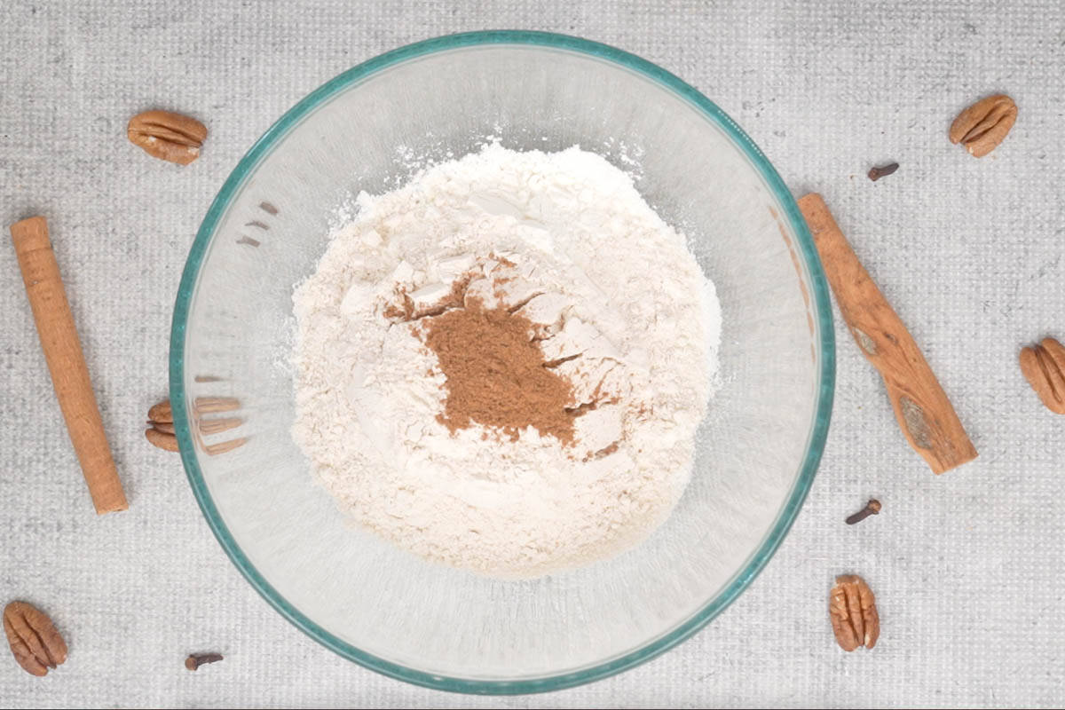 Dry ingredients added to a bowl.