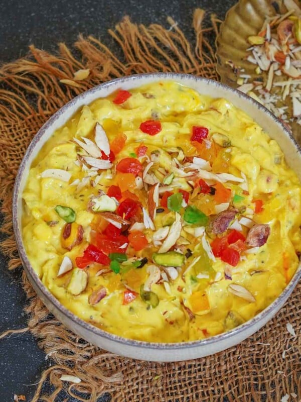 Rajbhog Shrikhand is nothing but your classic shrikhand flavored with saffron, slivered nuts, and tutti frutti. Try my easy recipe here.