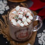 Bourbon hot chocolate served in a cup.