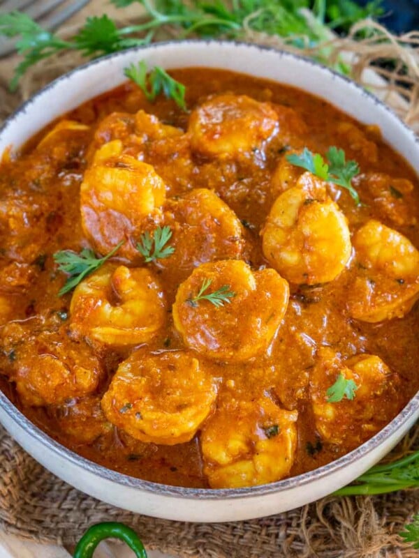 Shrimp masala curry served in a bowl.