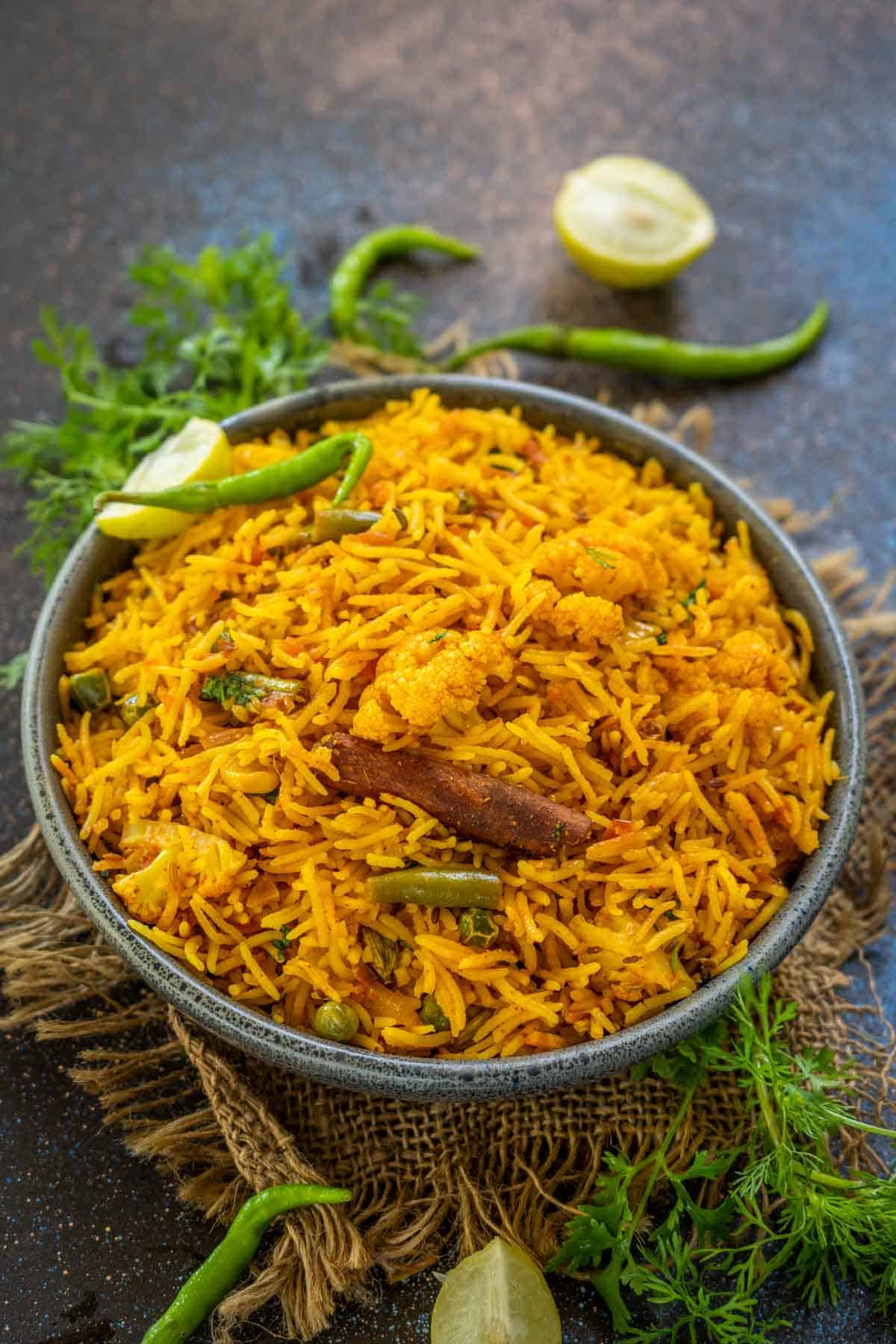 Vegetable masala rice served in a bowl.