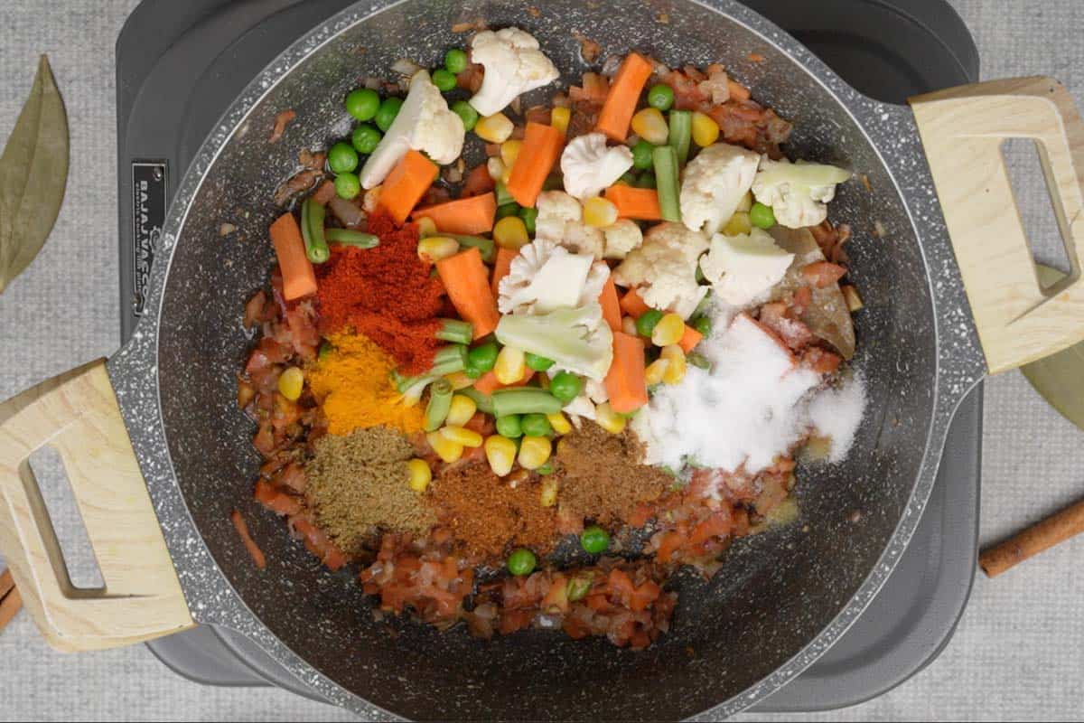 Vegetables and spice powders added to the pan.