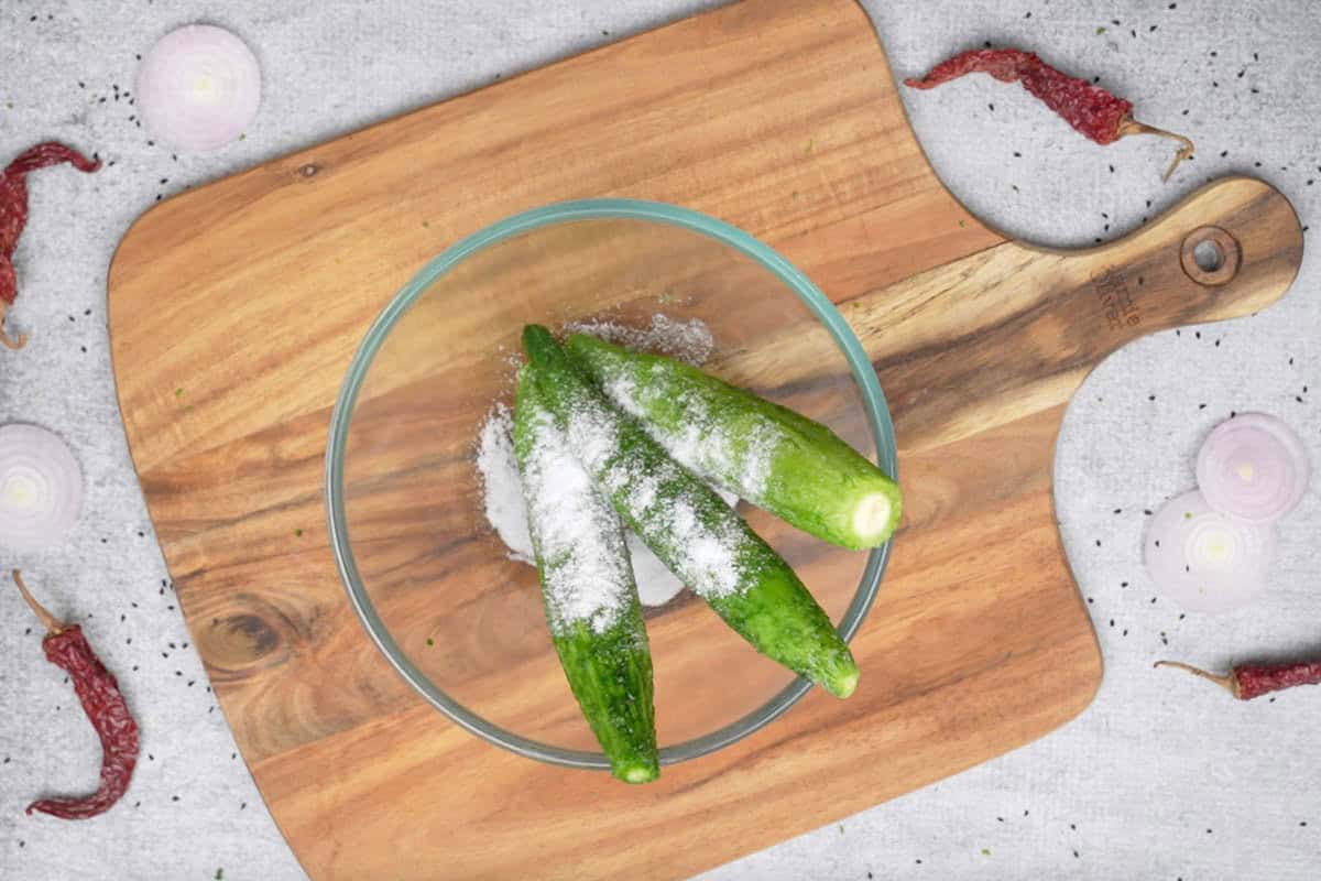 Salt rubbed over karela.