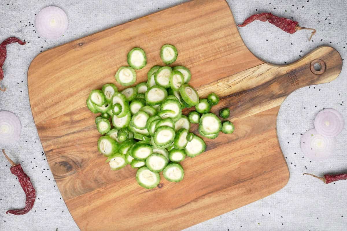 Karela cut into rounds.