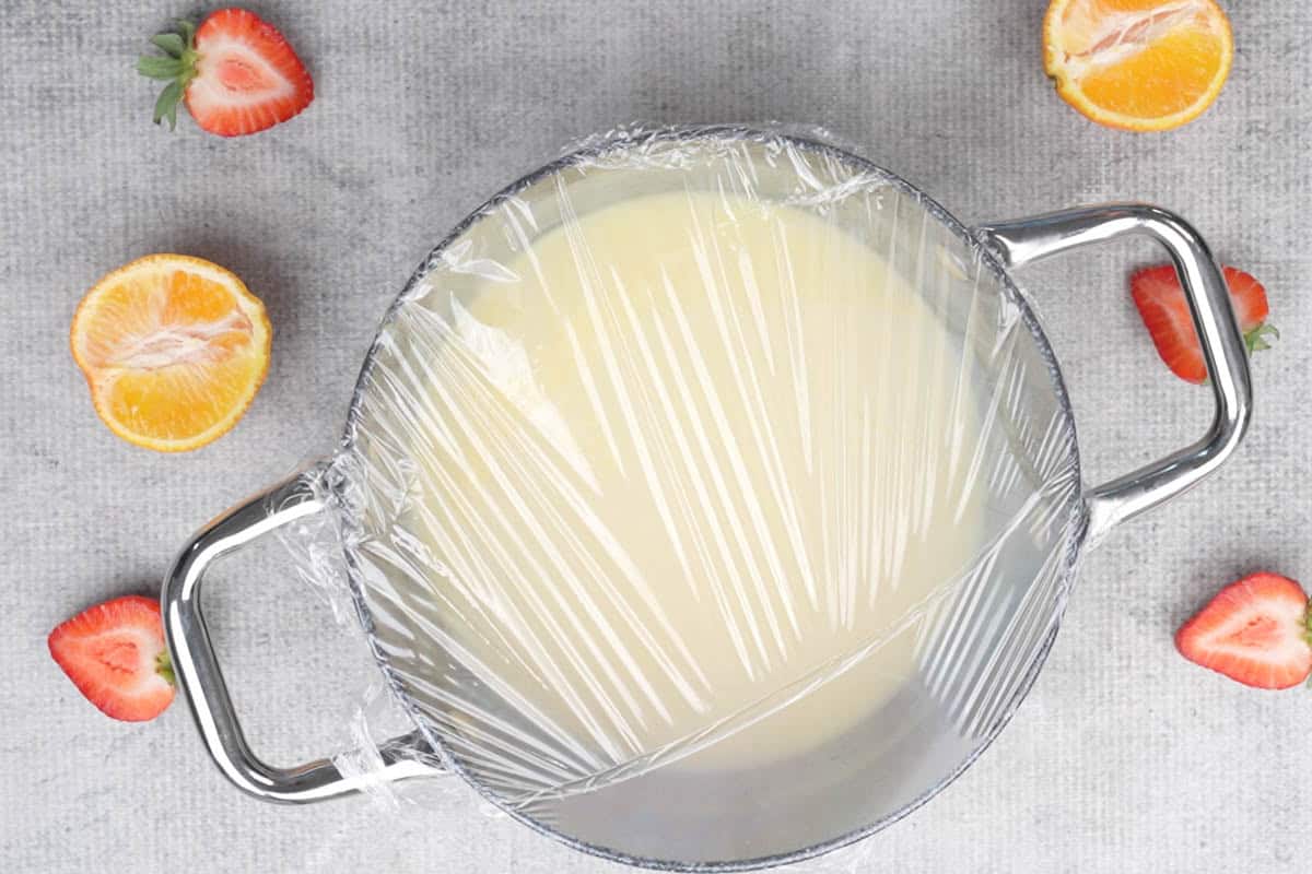 Pan covered with a cling film.