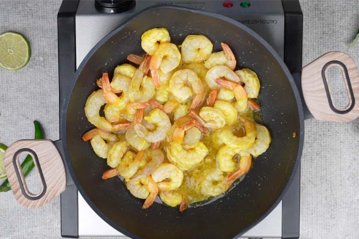 Shrimp frying in hot oil.