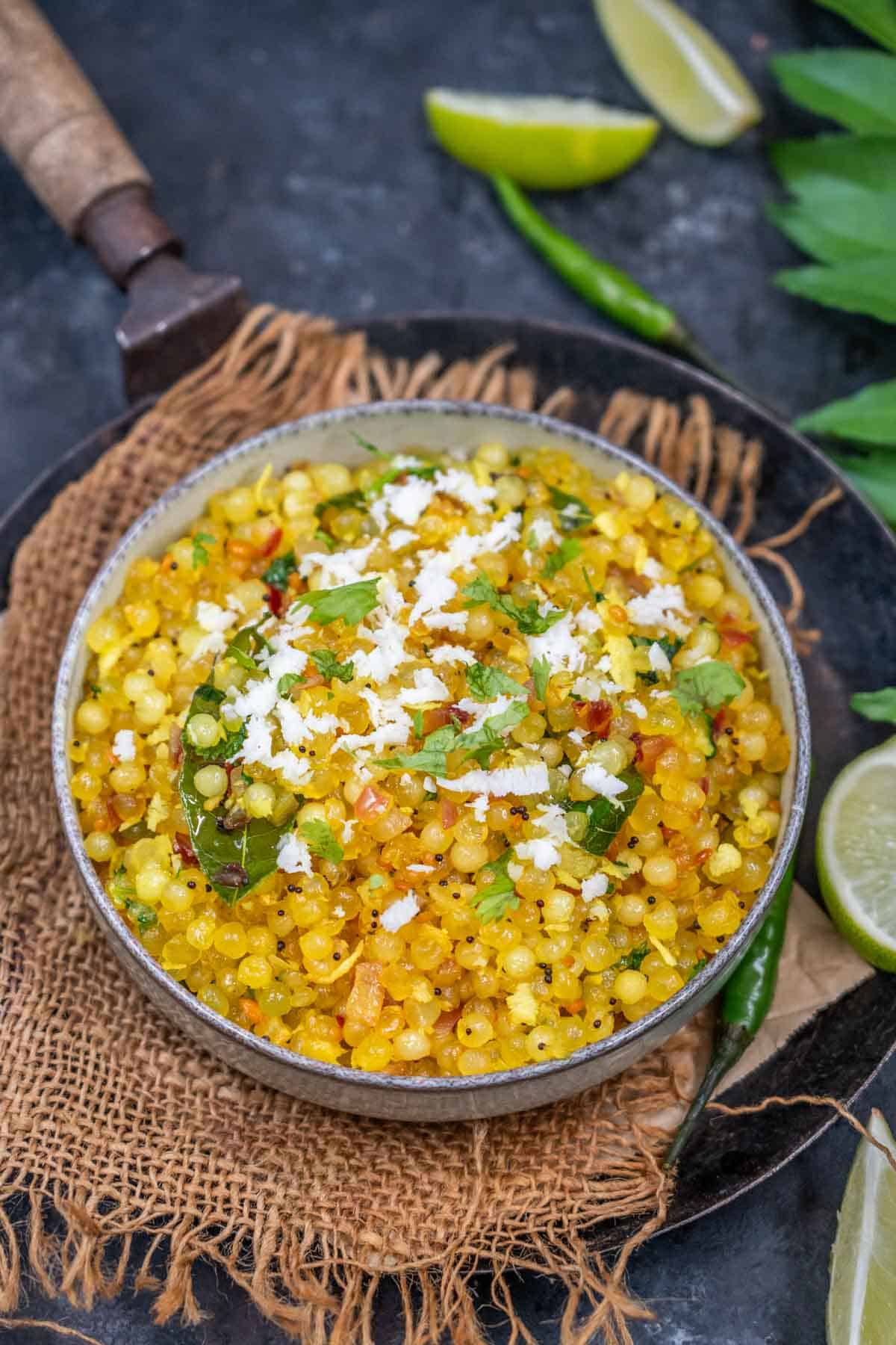 Sabudana upma served in a bowl.