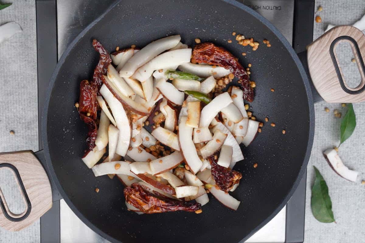 Coconut sliced fried until browned.