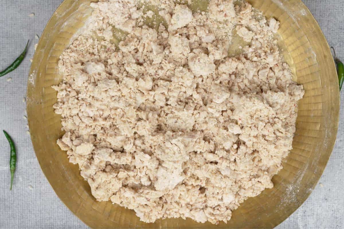 Everything mixed together to make a crumbly mixture.