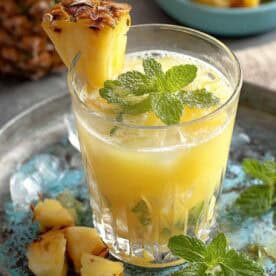 A glass of yellow Pineapple Panna, an Indian Summer Drink, garnished with a fresh pineapple wedge and mint leaves, set on a tray with ice cubes and pineapple chunks.