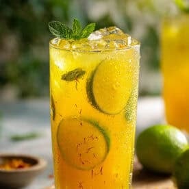 A close-up of a refreshing Indian saffron nimbu pani with ice cubes, lime slices, and mint in a tall glass. Condensation dots the glass, while whole limes and blurred greenery form the background.