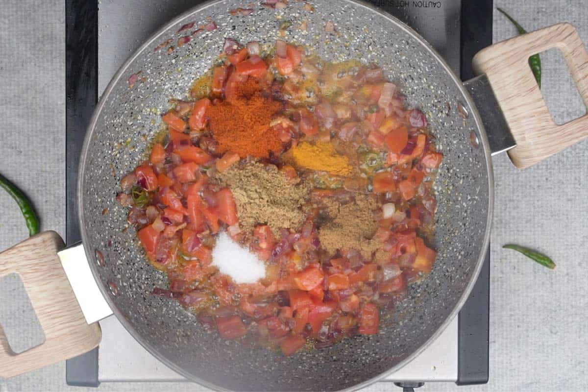 Spice powders added to the pan.