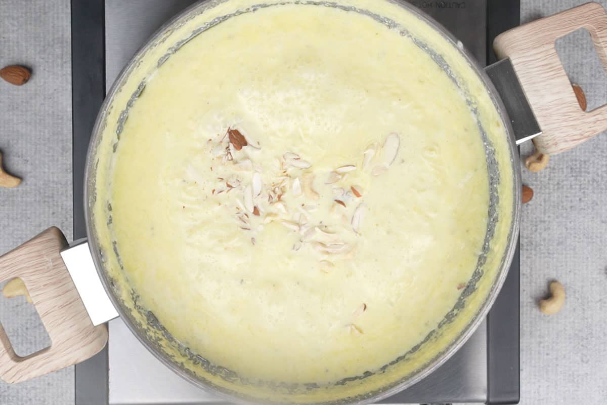 Slivered nuts added to the ready lauki kheer.